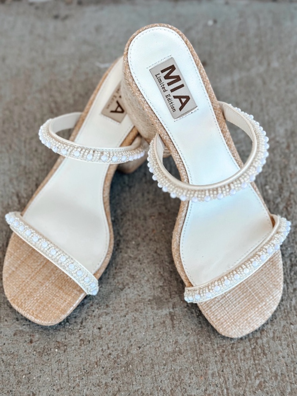 MIA Cream Beaded Double-Strap Heeled Sandals